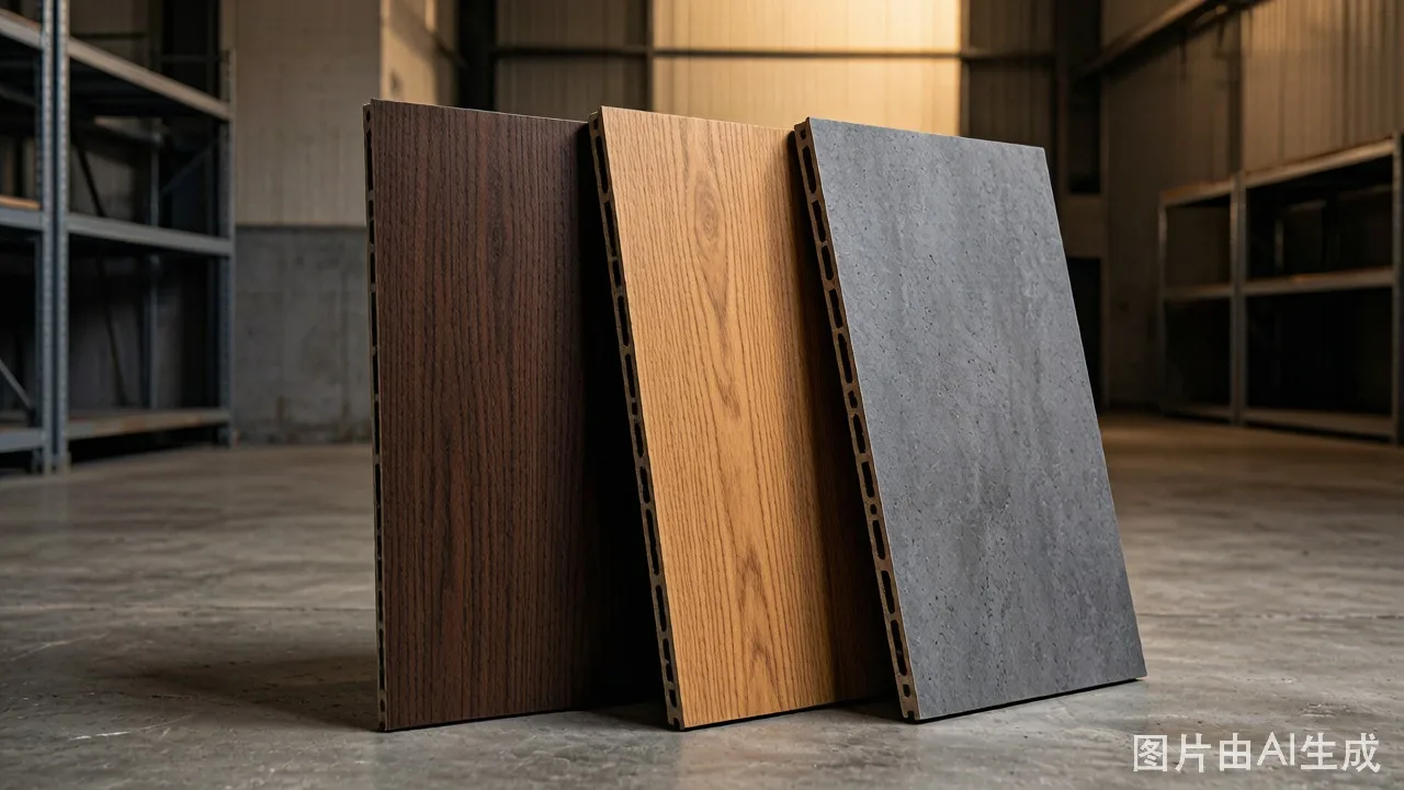 Stacked WPC wall panels — wood grain, stone texture, warm finish