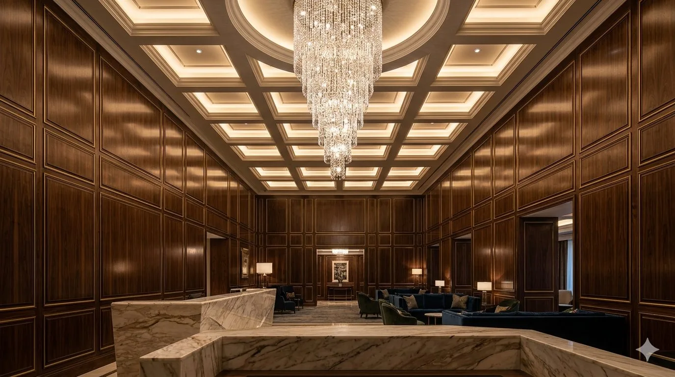 Luxury hotel lobby with ceiling panels