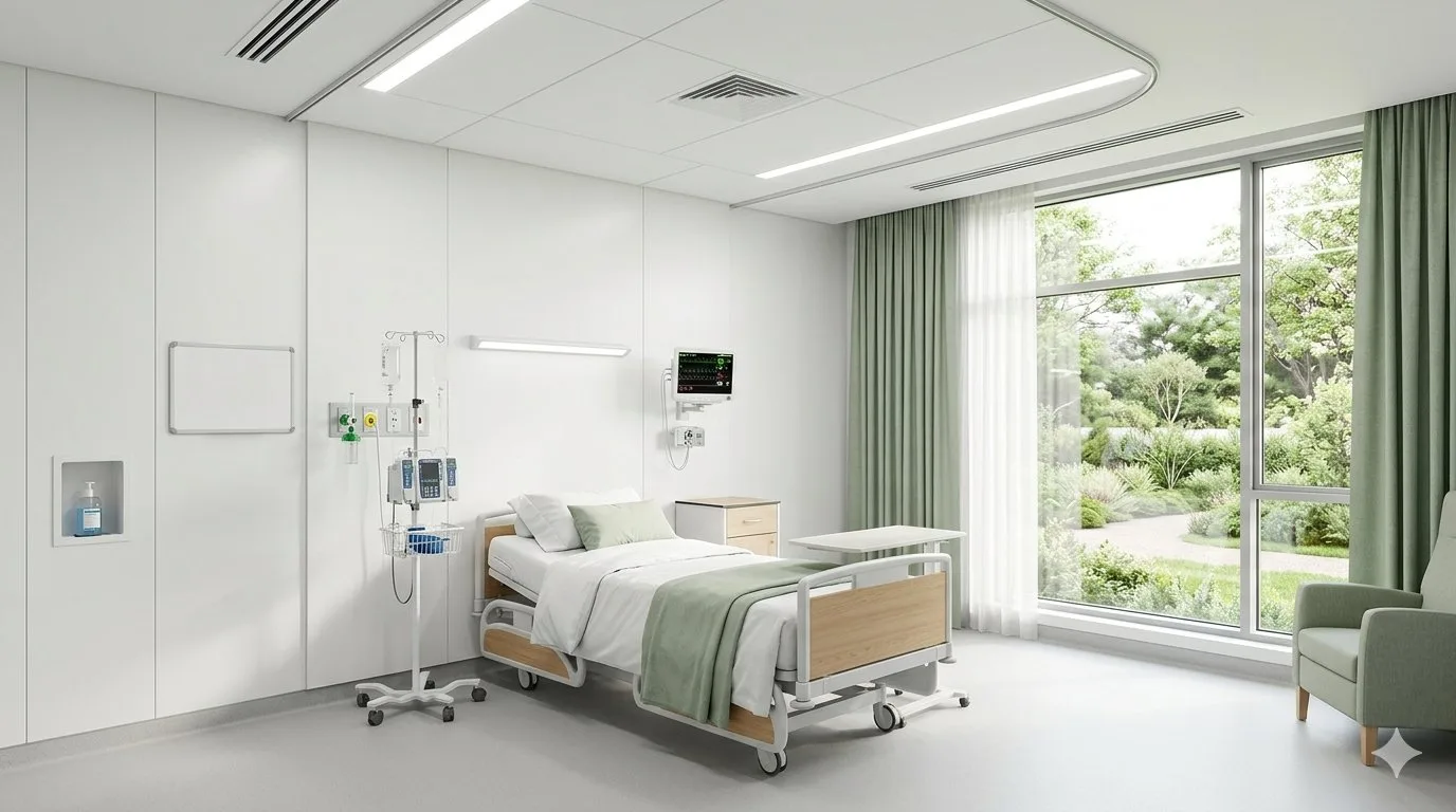 Medical facility interior with wall panels